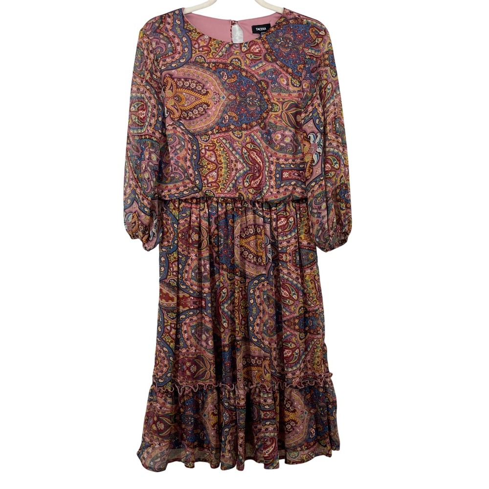 Tacera Size P Medium Midi Blouson Dress Paisley Boho Elastic Waist Tiered Ruffle